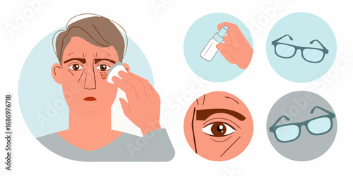 Man with tired eyes cleaning his face with a cotton pad eye care concept with spray and glasses