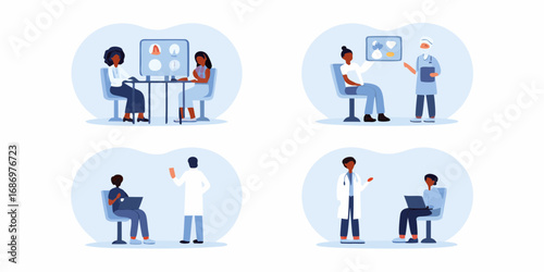 Diverse medical professionals and patients interacting in consultation and diagnostic settings