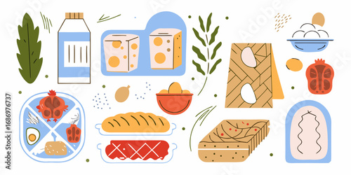 A vibrant flat illustration of a traditional jewish seder plate with various food items and symbolic elements