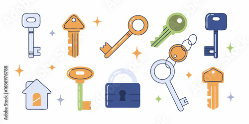 Wallpaper Mural Collection of stylized keys and a padlock with a house icon and sparkling stars Torontodigital.ca