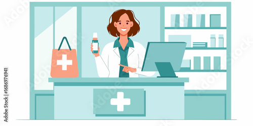 Friendly female pharmacist in white coat holding medication bottle at pharmacy counter with computer and shelves