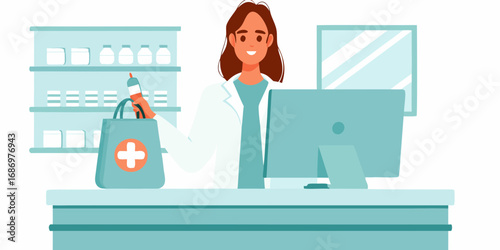 Friendly female pharmacist in white coat holding medication bag and bottle at pharmacy counter