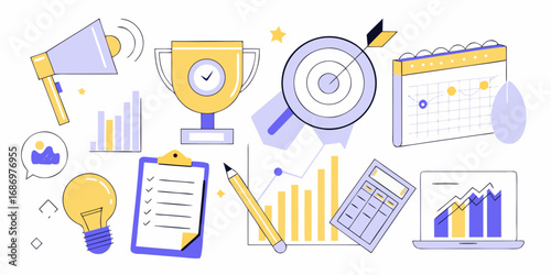 Business success elements including a trophy target charts calendar lightbulb and calculator