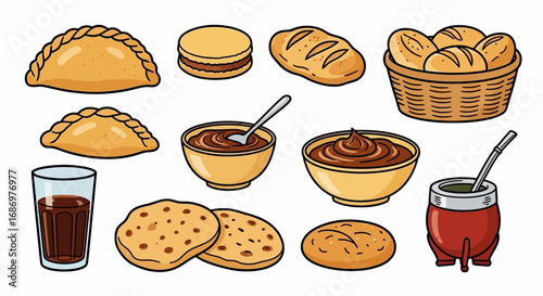 Illustration of various Argentinian foods and drinks, including empanadas, alfajores, bread, dulce de leche, flatbread, and mate tea.