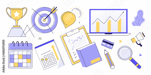 Business success and growth concept with trophy target charts calendar calculator and credit card