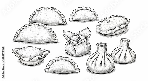 An illustration featuring a collection of various dumplings, including empanadas and khinkali, arranged in a scattered composition.