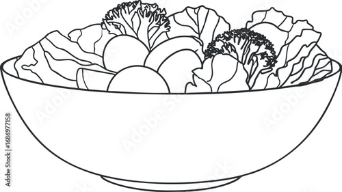 Black and white line drawing of a bowl filled with fresh vegetables including lettuce, broccoli, and tomatoes, representing healthy salad food.