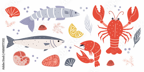Colorful flat design illustration of various seafood and ocean elements on a white background
