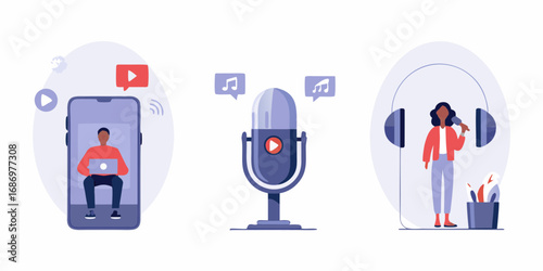 Diverse people creating audio and video content using technology for online broadcasting and streaming