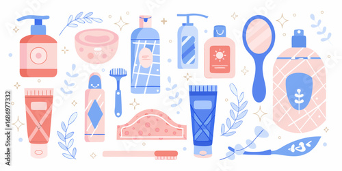 Collection of modern flat design personal care and beauty products with floral and geometric accents