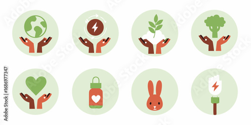 Collection of eight circular icons representing environmental care and sustainability concepts