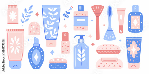 Collection of cute hand drawn skincare and beauty products with floral and botanical motifs