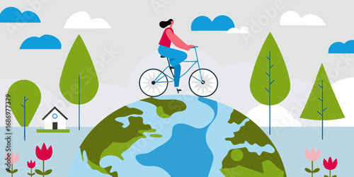 Woman riding bicycle on top of the earth surrounded by trees and flowers promoting eco friendly transportation
