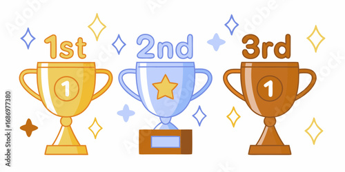 Cute cartoon trophies for first second and third place winners with stars and sparkles