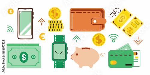 Collection of financial icons including a smartphone wallet cash coins smartwatch piggy bank and credit cards