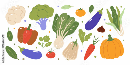 A colorful assortment of fresh healthy vegetables arranged in a flat design style