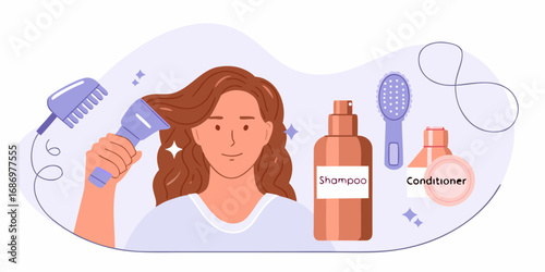 Woman drying her healthy brown hair with a hairdryer and hair care products like shampoo and conditioner