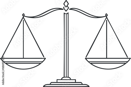 Black and white line drawing of a classic balance scale symbolizing justice and fairness