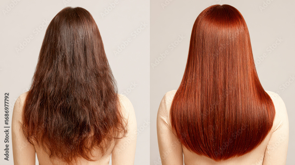 Fototapeta premium Transformation of hair from frizzy to sleek and vibrant at a beauty salon