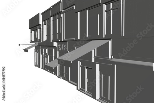 Polygonal Asian shop building model with clean white background, detailed architectural structure, and 3D graphical representation.
