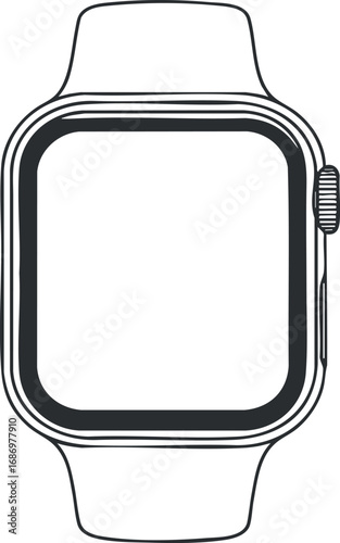 Black and white outline illustration of a modern smartwatch with a blank square screen and wrist strap