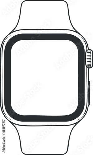 Black and white line art illustration of a modern smartwatch with a blank screen and wrist strap