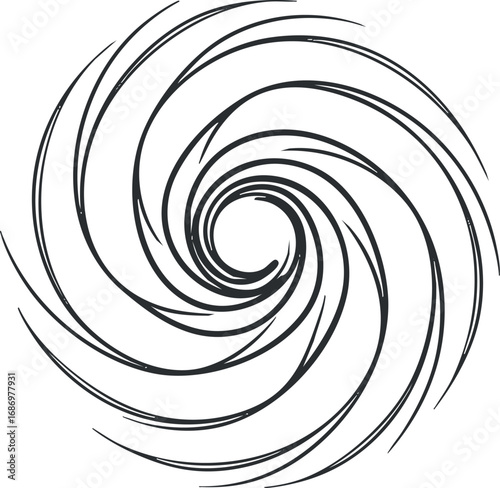Abstract black spiral swirl vortex design on white background symbolizing motion and rotation