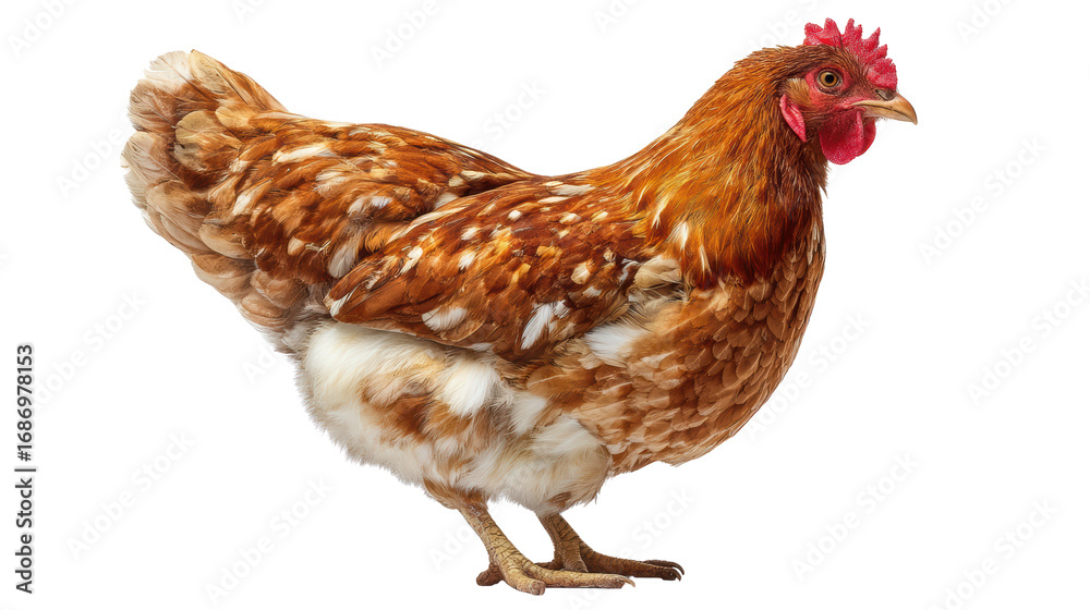Fototapeta premium Brown hen standing gracefully against a white isolated background.