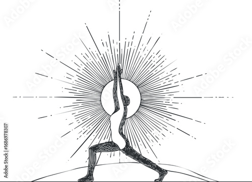 Illustration of a person practicing yoga in a warrior pose with a radiant sunburst background symbolizing energy and balance