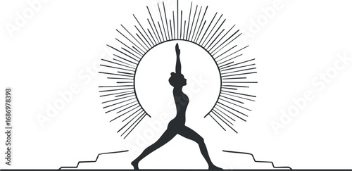 Silhouette of a woman practicing yoga warrior pose at sunrise with sun rays in background symbolizing energy and wellness