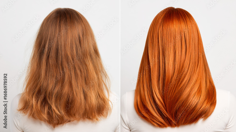 Fototapeta premium Transformation of hair from natural brown to vibrant red in a clean comparison layout