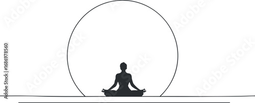 Silhouette of a person meditating in lotus yoga pose inside a large circle symbolizing calm and balance