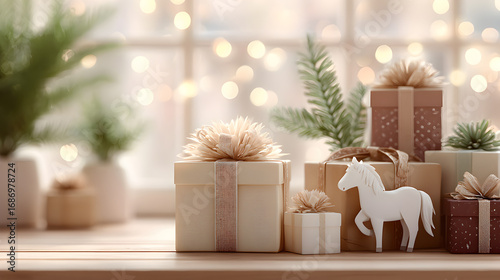 Festive holiday gift boxes arranged on a wooden table, adorned with decorative flowers and a wooden horse ornament, creating a warm seasonal atmosphere. Selective focus
