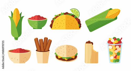 A colorful vector illustration displays a variety of Mexican food items, including corn on the cob, tacos, elote, churros, a burger, and a cup of fruit salad.