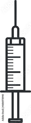Line drawing of a medical syringe with needle and measurement markings for injections and vaccinations