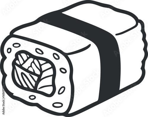 Illustration of a sushi roll wrapped in seaweed with rice and fish inside, representing Japanese cuisine