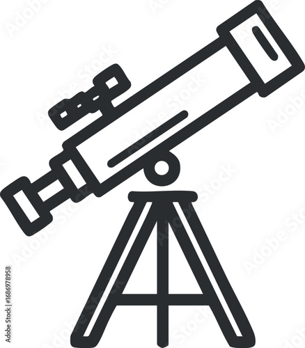 Black line icon of a telescope on a tripod for astronomical observation and sky exploration