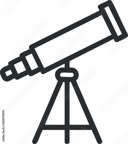 Black line icon of a telescope on a tripod used for astronomical observation and stargazing