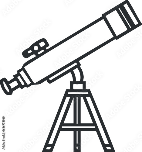 Black and white line drawing of a telescope on a tripod for astronomy and stargazing activities