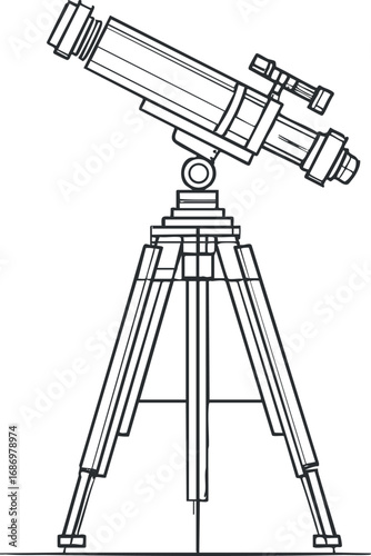 Black and white line drawing of a telescope on a tripod used for astronomy and space observation