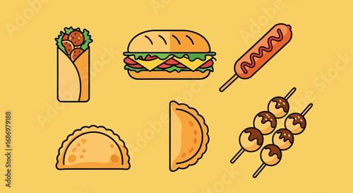 Illustration of various street food items including a wrap, sandwich, corn dog, empanada, and takoyaki on a yellow background.