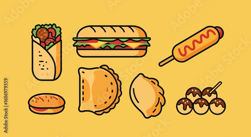 An illustration of various fast food items including a wrap, sandwich, corn dog, burger, empanadas, and takoyaki on a yellow background.