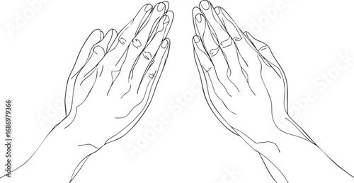 Outline drawing of two hands in praying gesture with palms and fingers together, symbolizing faith and devotion