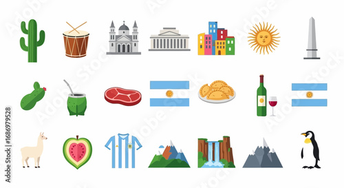A collection of Argentina-related icons, including landmarks, food, animals, and cultural symbols, arranged in rows on a white background.