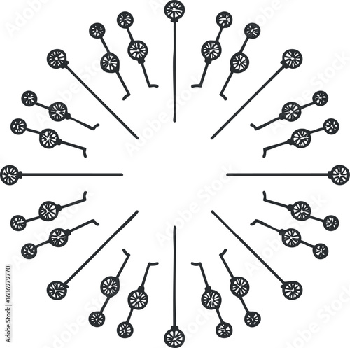 Black silhouette pattern of dandelion seed heads arranged in a circular radial design on a white background