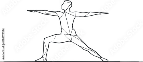 Minimalist line art of a person performing warrior yoga pose for fitness and mindfulness practice