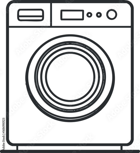 Black and white outline illustration of a front-load washing machine appliance for laundry