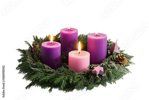 Traditional holiday wreath with four advent candles isolated on transparent background