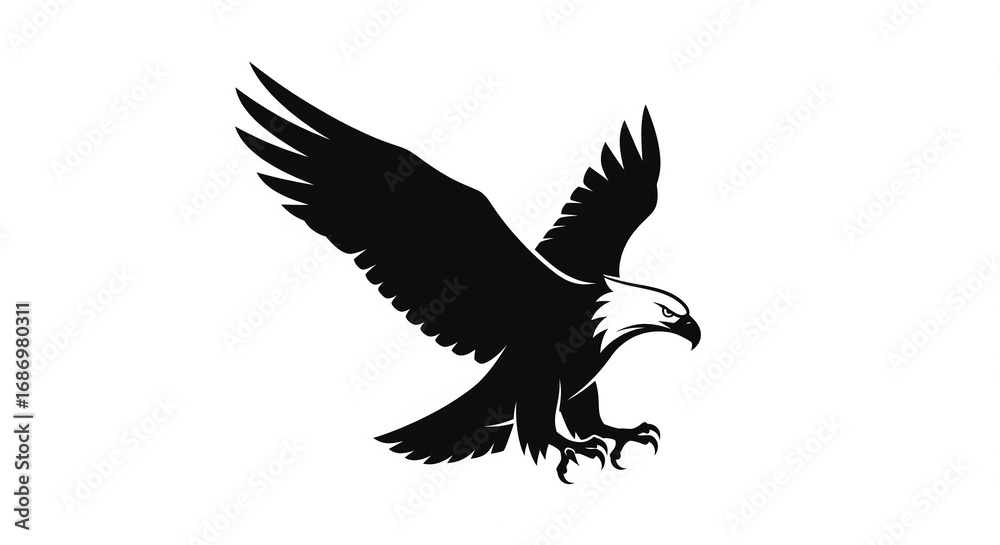 Fototapeta premium Silhouette of a flying eagle, majestic bird of prey, isolated transparent background.