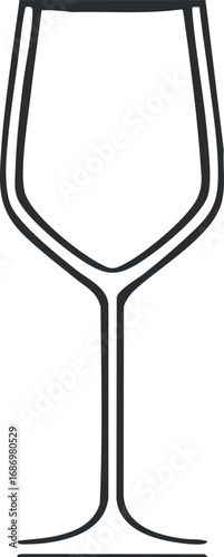 Minimalist black and white outline illustration of an empty wine glass with a long stem.